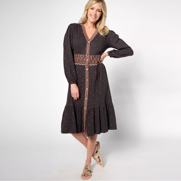 Denim&Co Dresses & Skirts - Denim & Co Canyon Retreat Button Down Midi Dress Brown with Embroidery XXSP